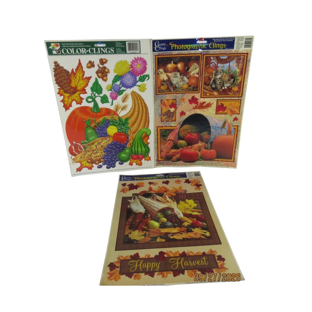 Vintage Fall Thanksgiving Window Clings 3 Sheets Harvest Pumpkins Leaves Kittens